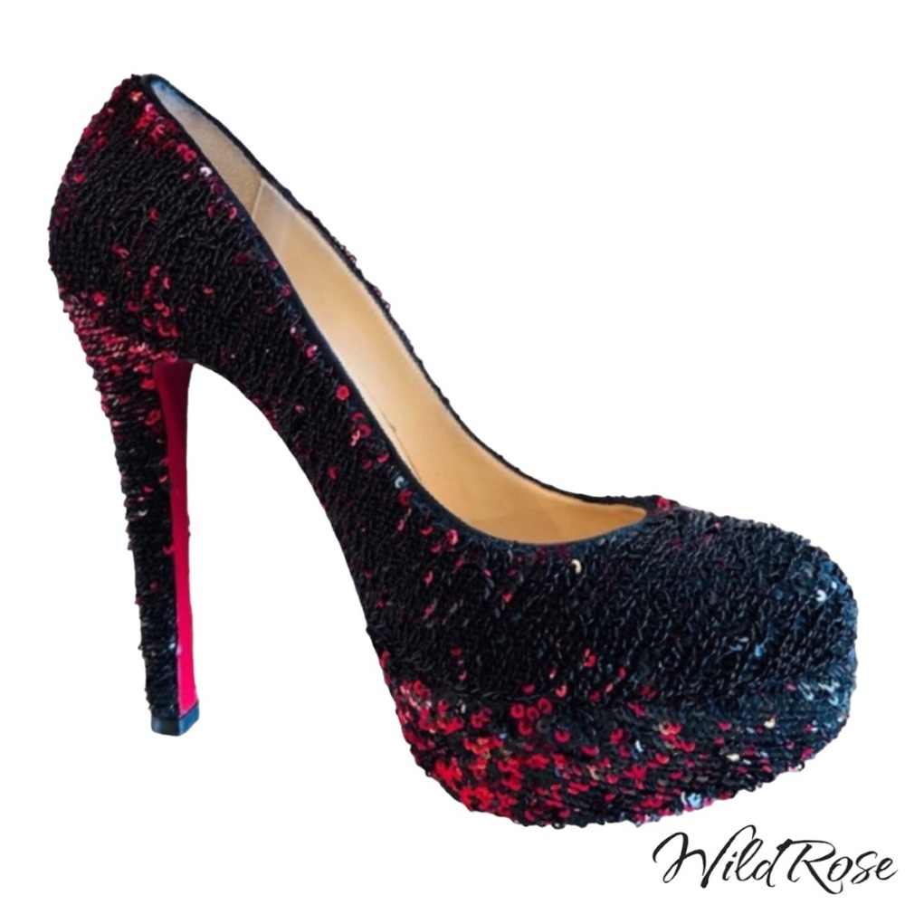 CHRISTIAN LOUBOUTIN Bianca Red & Black Ombré Sequin Almond Toe Platform Pumps 37